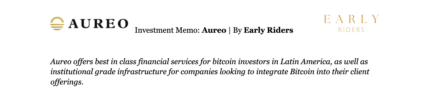Early Riders Acts As Exclusive Investor in Aureo’s Pre-Seed Round to Build LatAm-Native Bitcoin Financial Services & Infrastructure